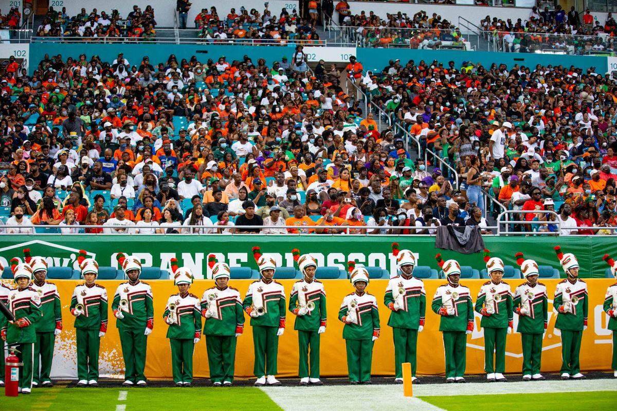 Florida A&M University’s Marching 100 waits to perform at the halftime show during the Orange Blossom Classic against Jackson State University at Hard Rock Stadium in Miami Gardens, Florida, on Sunday, September 5, 2021.