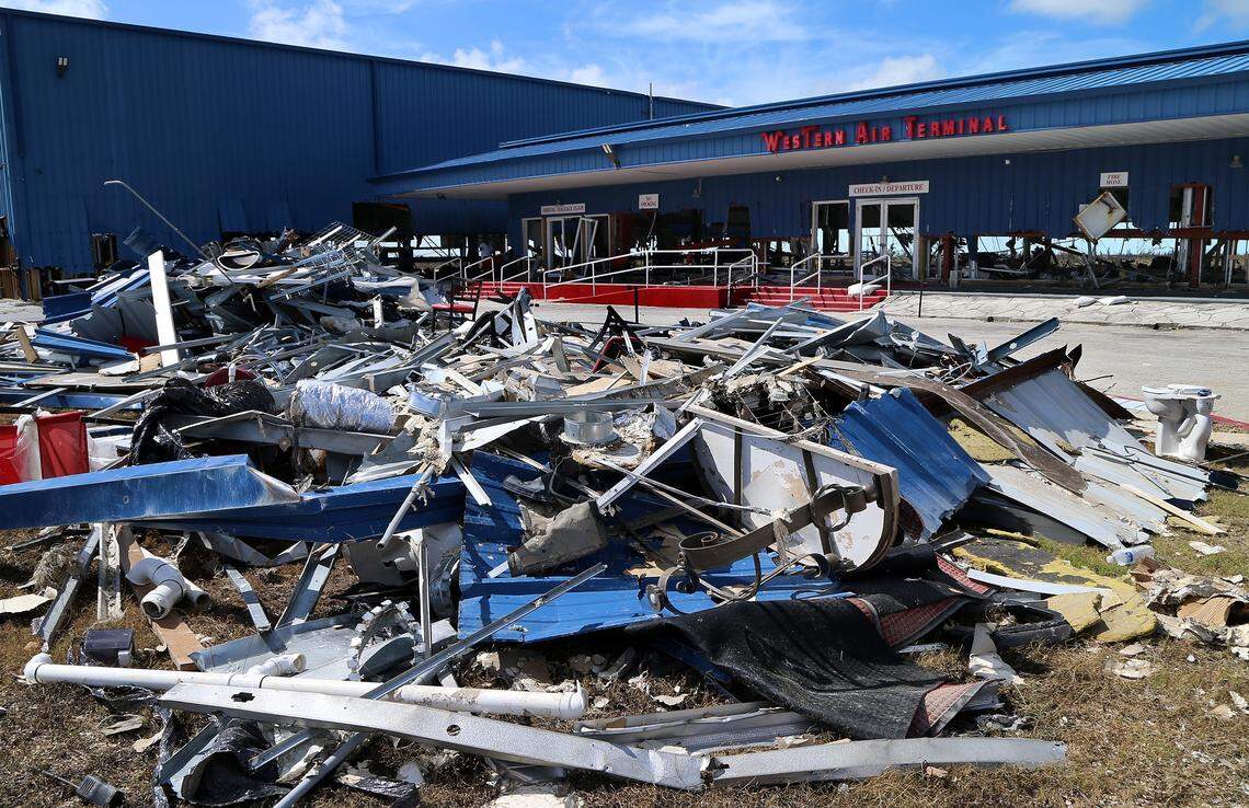 Debris sits scattered in front of the Western Air Terminal at Grand Bahama International Airport on Thursday, September 5, 2019. The terminal was destroyed by Hurricane Dorian.