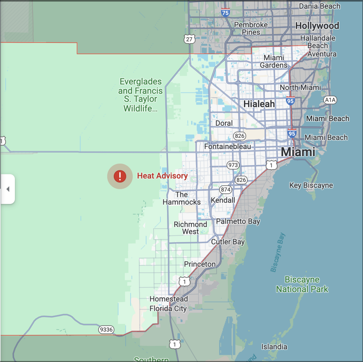 A heat advisory has been issued in parts of in-land Miami-Dade County including Hialeah, Kendall, Florida City, Kendale Lakes, Redland, and Carol City.
