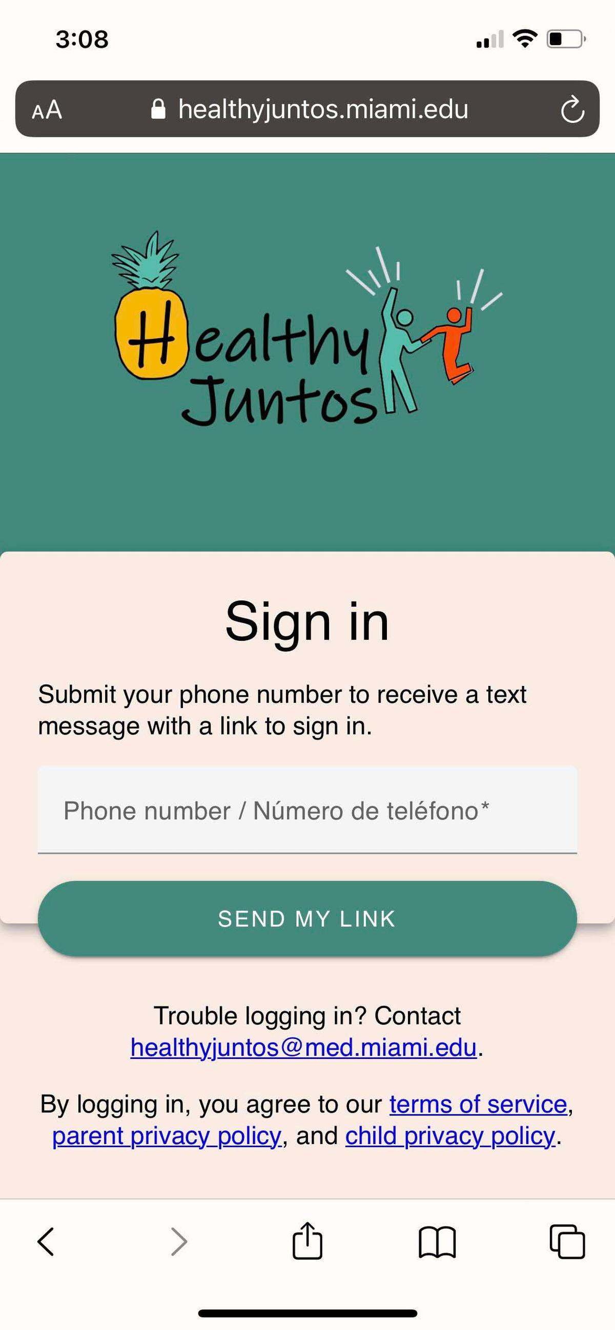 The login page to the Healthy Juntos app.