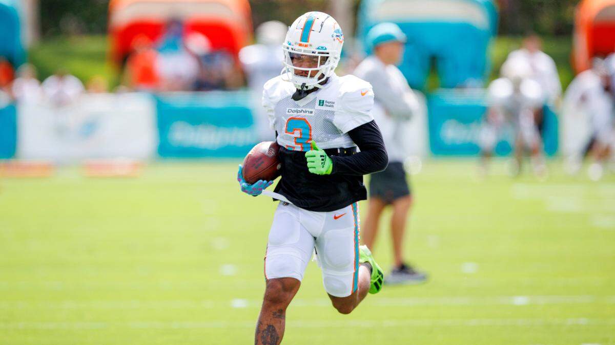 Miami Dolphins wide receiver Lynn Bowden Jr. (3) runs with the football during NFL football training camp at Baptist Health Training Complex in Hard Rock Stadium on Tuesday, August 2, 2022 in Miami Gardens, Florida.