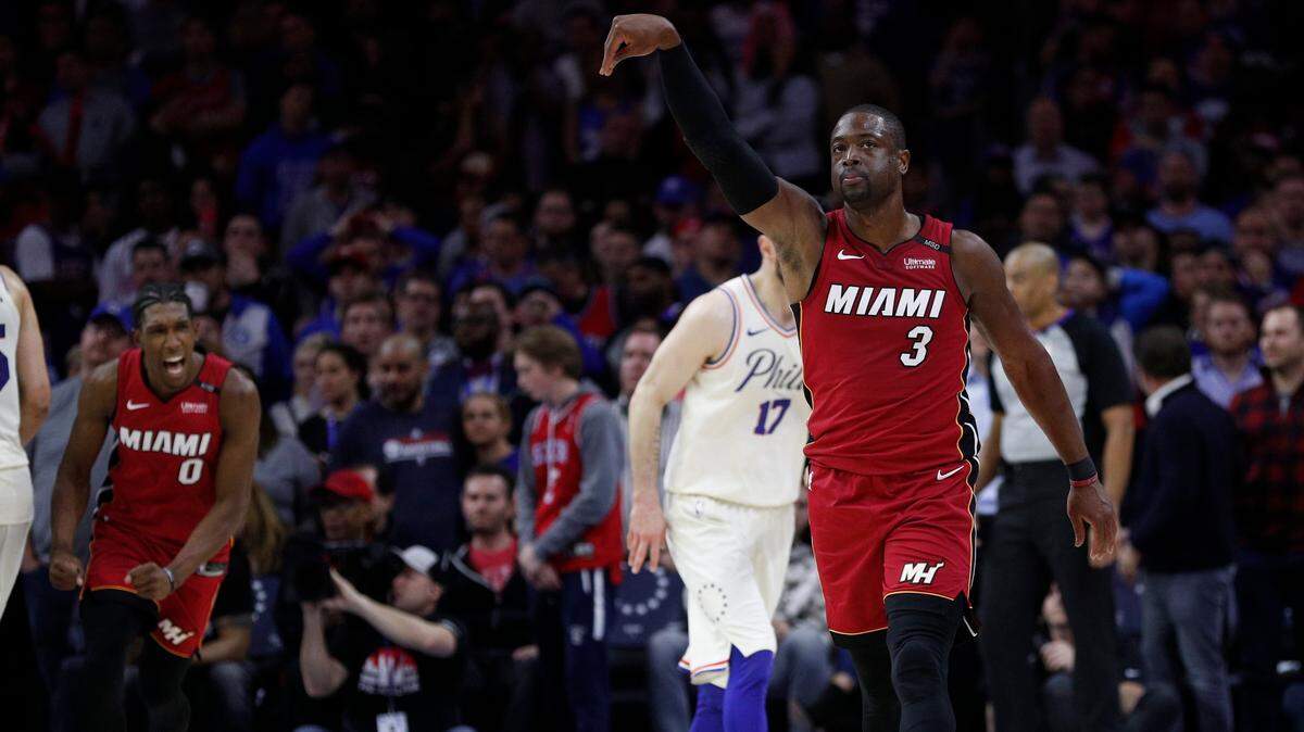 The Miami Heat's Dwyane Wade reacts to his basket in the last minute of Game 2 in the first-round playoff series against the Philadelphia 76ers, in April. The Heat won 113-103.