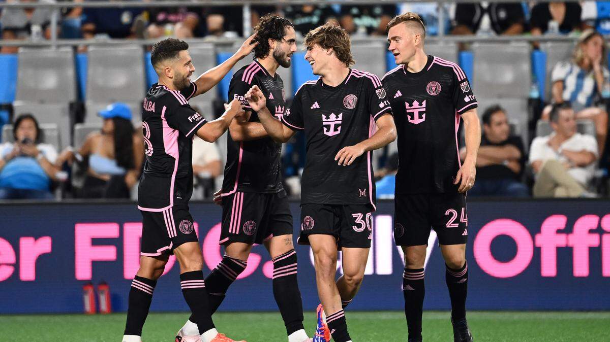 Jul 3, 2024; Charlotte, North Carolina, USA; Inter Miami CF midfielder Benjamin Cremaschi (30) celebrates after scoring a goal against Charlotte FC in the second half at Bank of America Stadium. Mandatory Credit: Bob Donnan-USA TODAY Sports