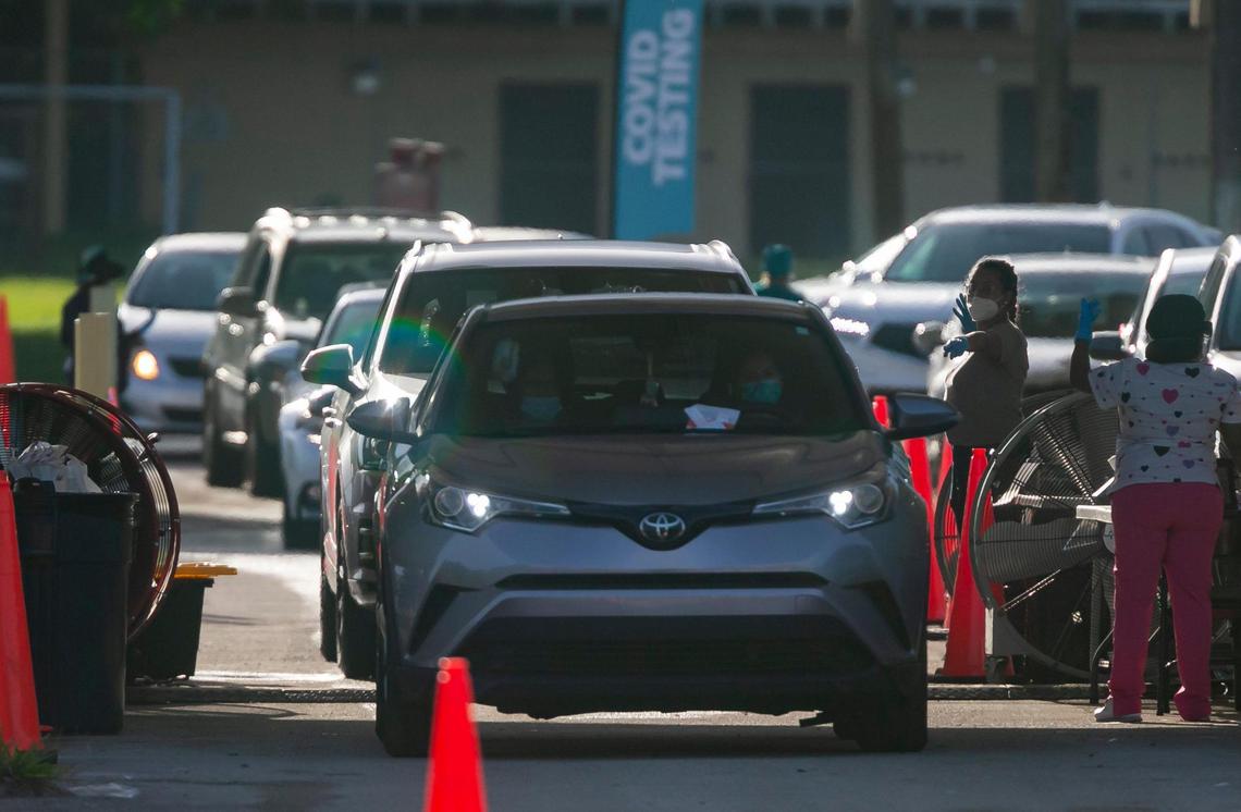Cars line up at Tropical Park’s COVID-19 testing site in Miami, Florida, on Friday, July 30, 2021.
