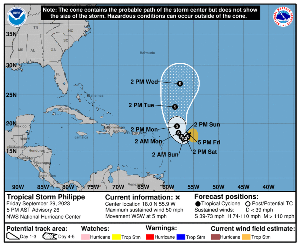 Forecast map for Tropical Storm Philippe on Friday, Sept. 29, 2023.