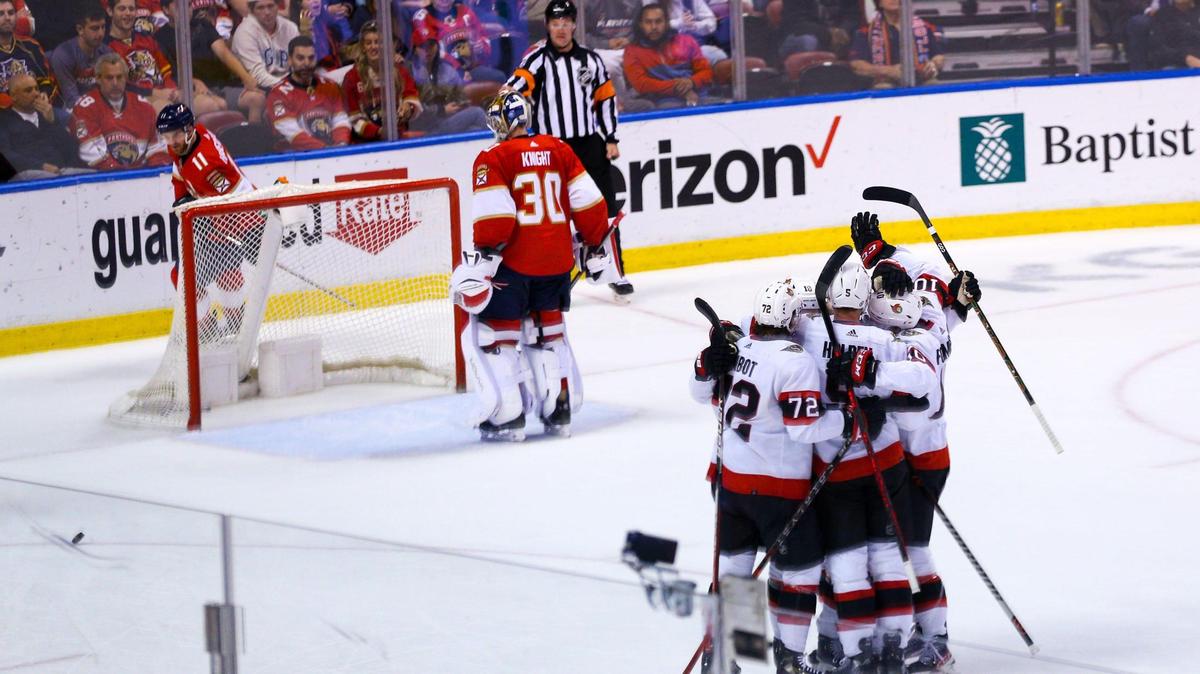 Ottawa Senators players celebrate after scoring during the second period of an NHL game against the Florida Panthers at FLA Live Arena in Sunrise, Florida, on Tuesday, December 14, 2021.
