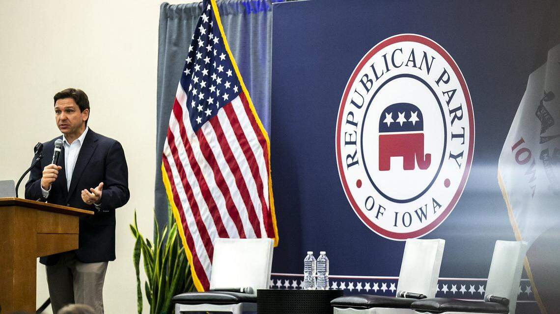 May 13, 2023; Cedar Rapids, IA, USA; Florida Gov. Ron DeSantis speaks during an Iowa GOP reception, Saturday, May 13, 2023, at The Hotel at Kirkwood Center in Cedar Rapids, Iowa. Mandatory Credit: Joseph Cress-USA TODAY NETWORK