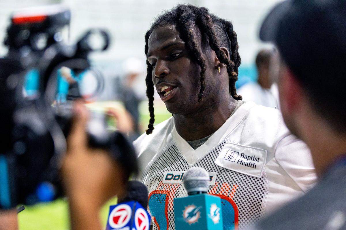 Miami Dolphins wide receiver Tyreek Hill (10) speaks to the media after 2023 Miami Dolphins Mandatory Minicamp at Baptist Health Training Complex in Miami Gardens, Florida, on Thursday, June 8, 2023.