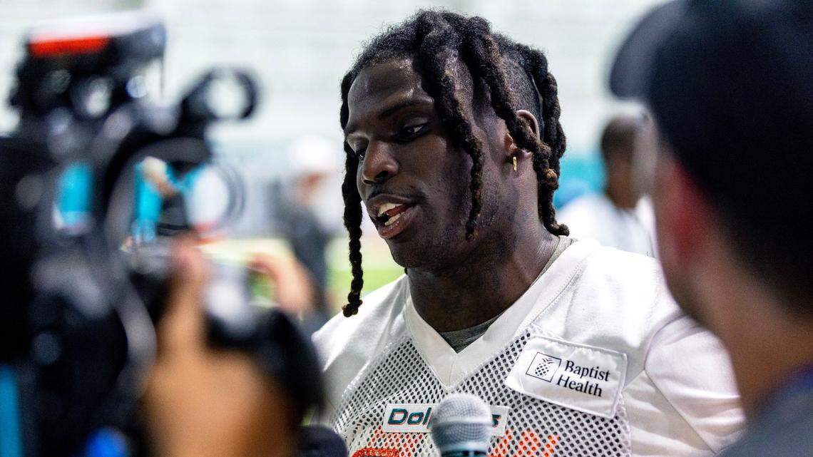 Miami Dolphins wide receiver Tyreek Hill (10) speaks to the media after 2023 Miami Dolphins Mandatory Minicamp at Baptist Health Training Complex in Miami Gardens, Florida, on Thursday, June 8, 2023.