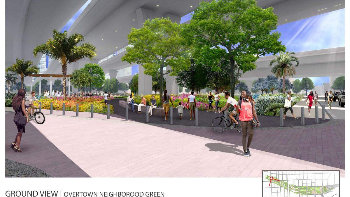 A rendering of a walking trail at The Underdeck below I-395