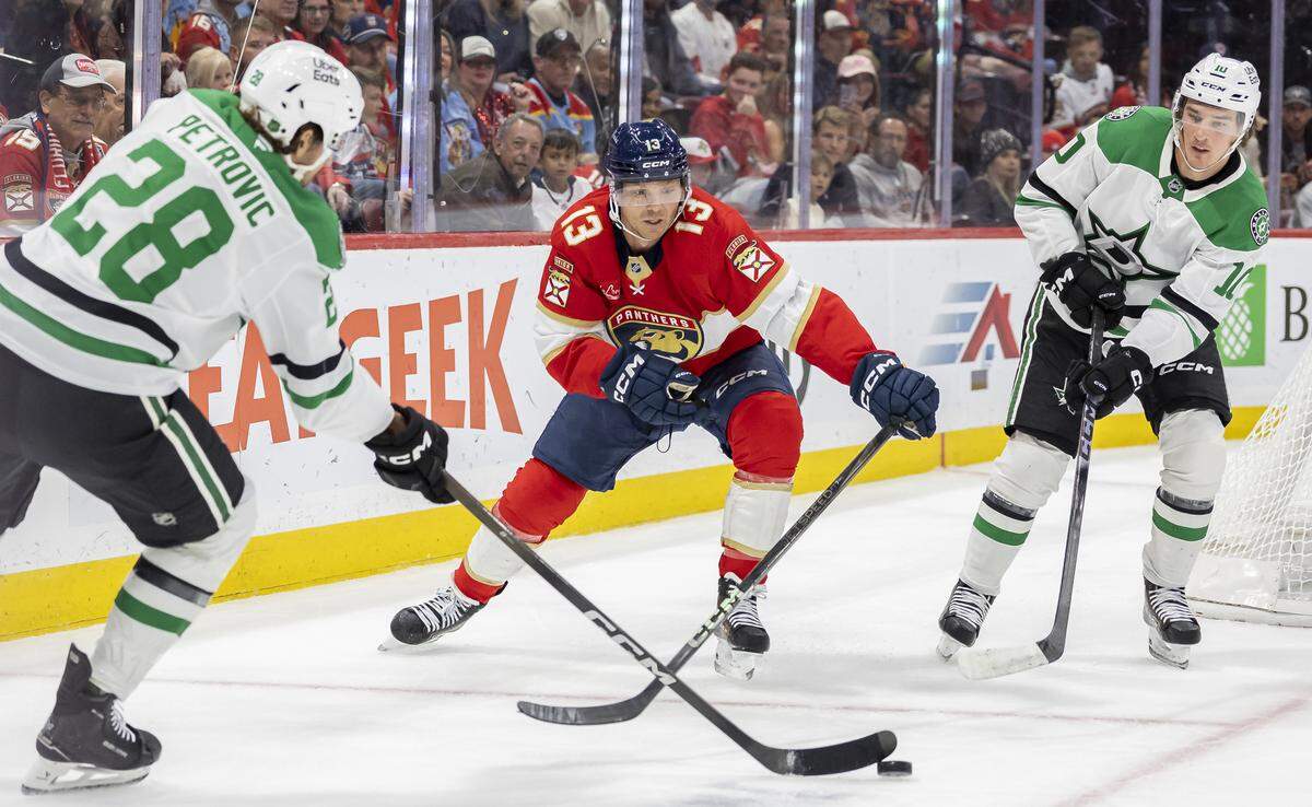 Florida Panthers center Sam Reinhart (13) and Dallas Stars defenseman Alexander Petrovic (28) compete for the puck in the first period of an NHL game at Amerant Bank Arena on Saturday, Nov. 1, 2025, in Sunrise, Fla.