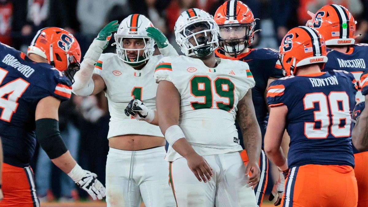 Miami Hurricanes linebacker Francisco Mauigoa (1) reacts after a penalty is called on Miami Hurricanes defensive lineman Ahmad Moten Sr. (99) late in the second half during their NCAA football game against the Syracuse Orange in the JMA Wireless Dome at Syracuse University, Syracuse, New York on Saturday, November 30, 2024.