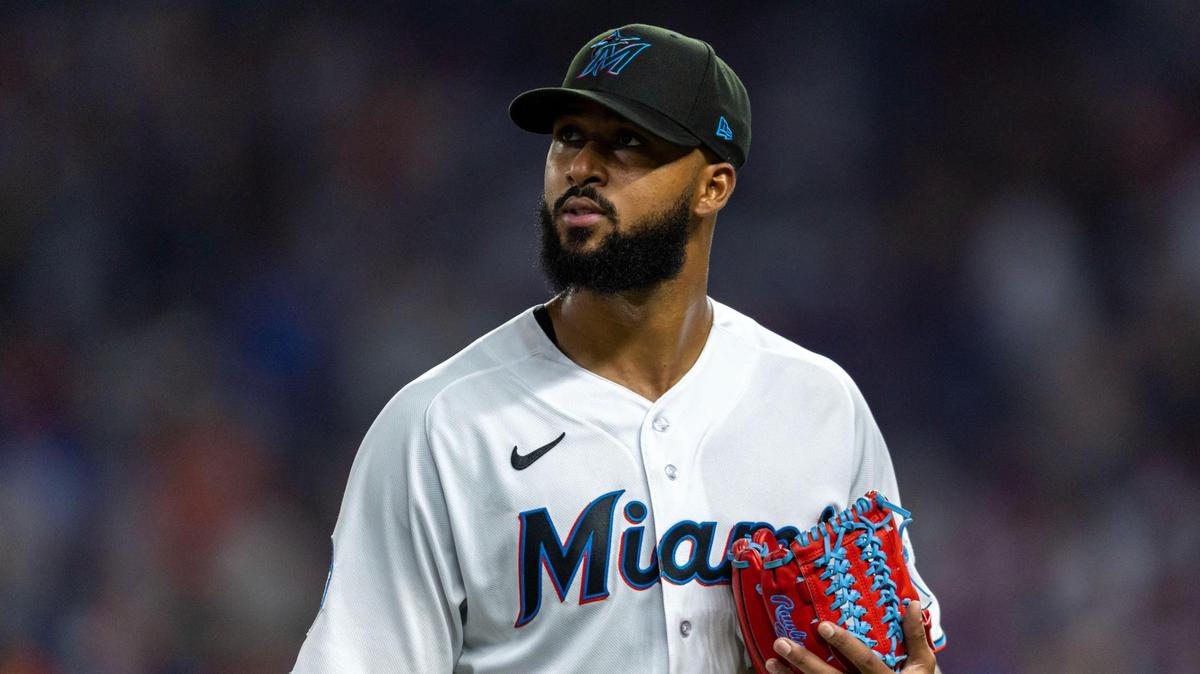 Miami Marlins pitcher Sandy Alacantara (22) reacts to being pulled off the mound during the fifth inning of an MLB game against the New York Mets at LoanDepot Park in Miami, Florida, on Thursday, March 30, 2023.
