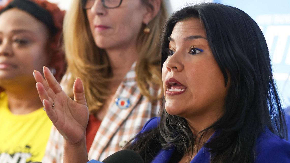 United Teachers of Dade (UTD) President Karla Hernández-Mats discusses the union’s new contract with Miami-Dade County Schools, which calls for raises between 7 and 10 percent for teachers in the coming school year, at the UTD office on Thursday, July 27, 2023 in Miami, Florida.