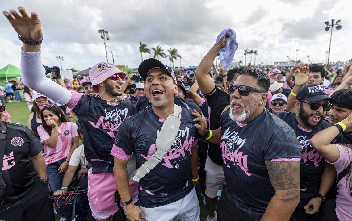From left to right: Vincenzo Suarez, Joan Carlos Wizel and Gustavo Garay dance and cheer as they wait to enter Nu Stadium in Miami Freedom Park before an MLS match between Inter Miami CF and Austin FC on Saturday, April 4, 2026, in Miami, Fla.