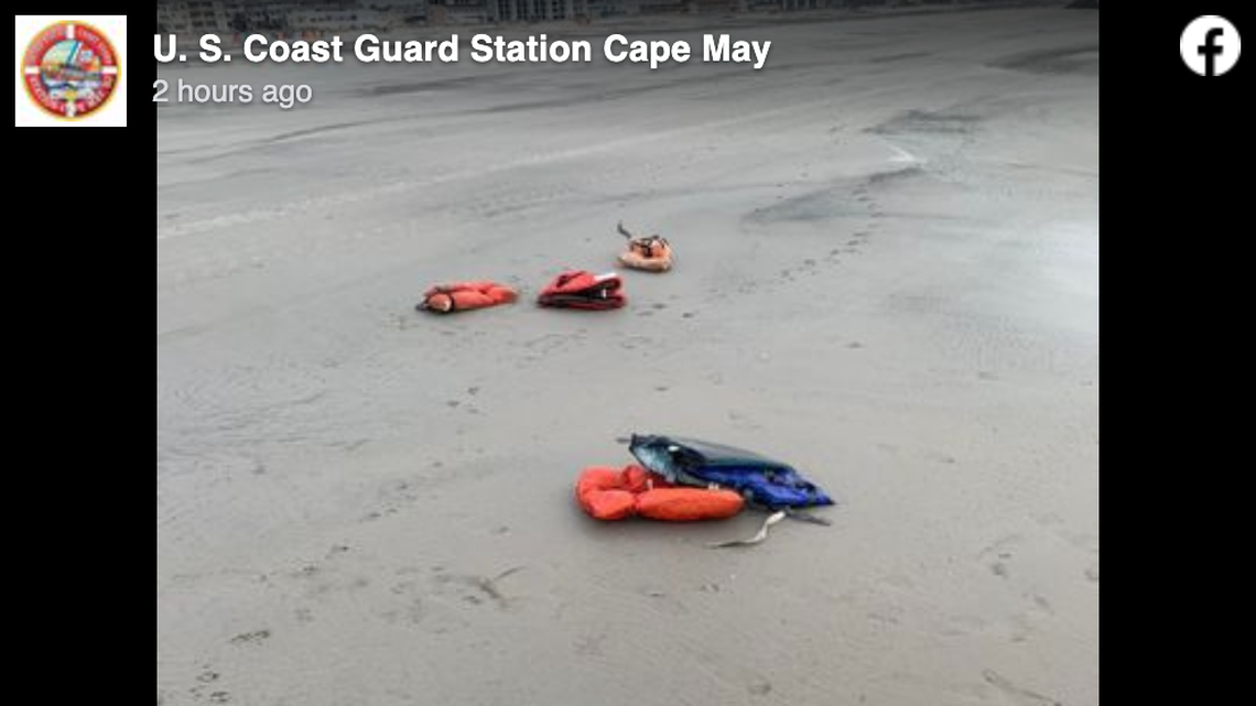 A sunken boat was found after life jackets washed ashore on a beach in Wildwood, New Jersey, officials said. The Coast Guard and state police investigated.