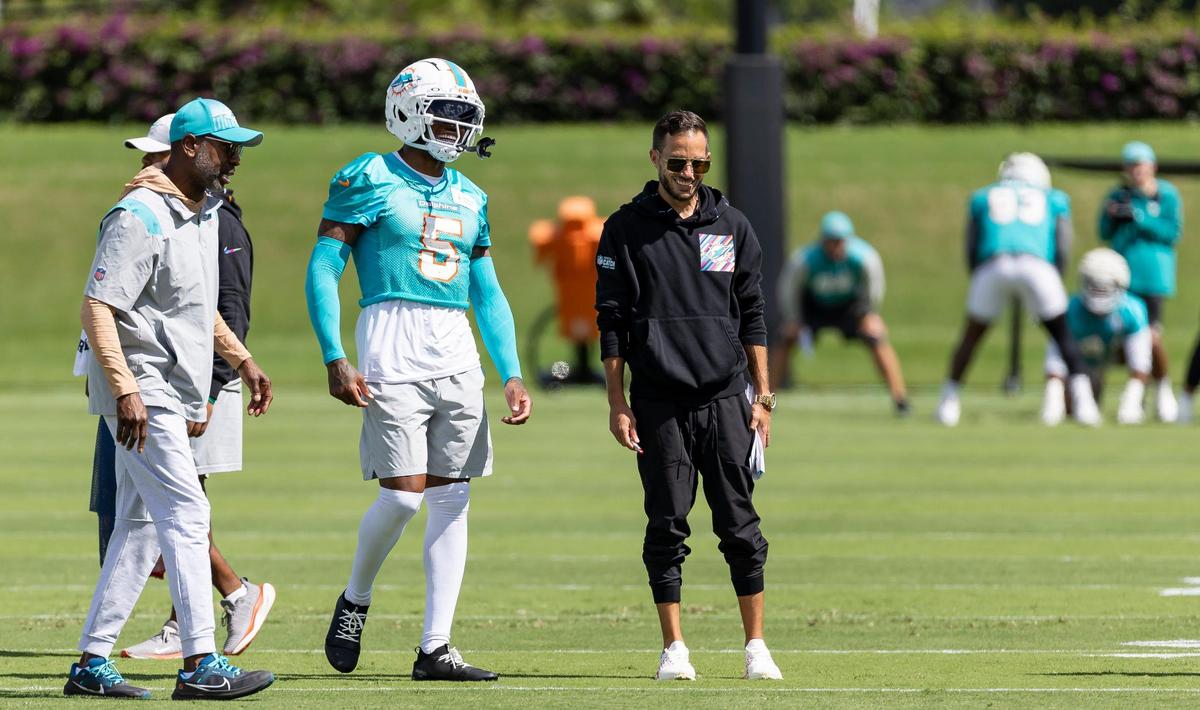 Miami Dolphins cornerback Jalen Ramsey (5) talks with head coach Mike McDaniel during team practice at the Baptist Health Training Complex on Wednesday, Oct. 18, 2023 in Miami Gardens, Fla.