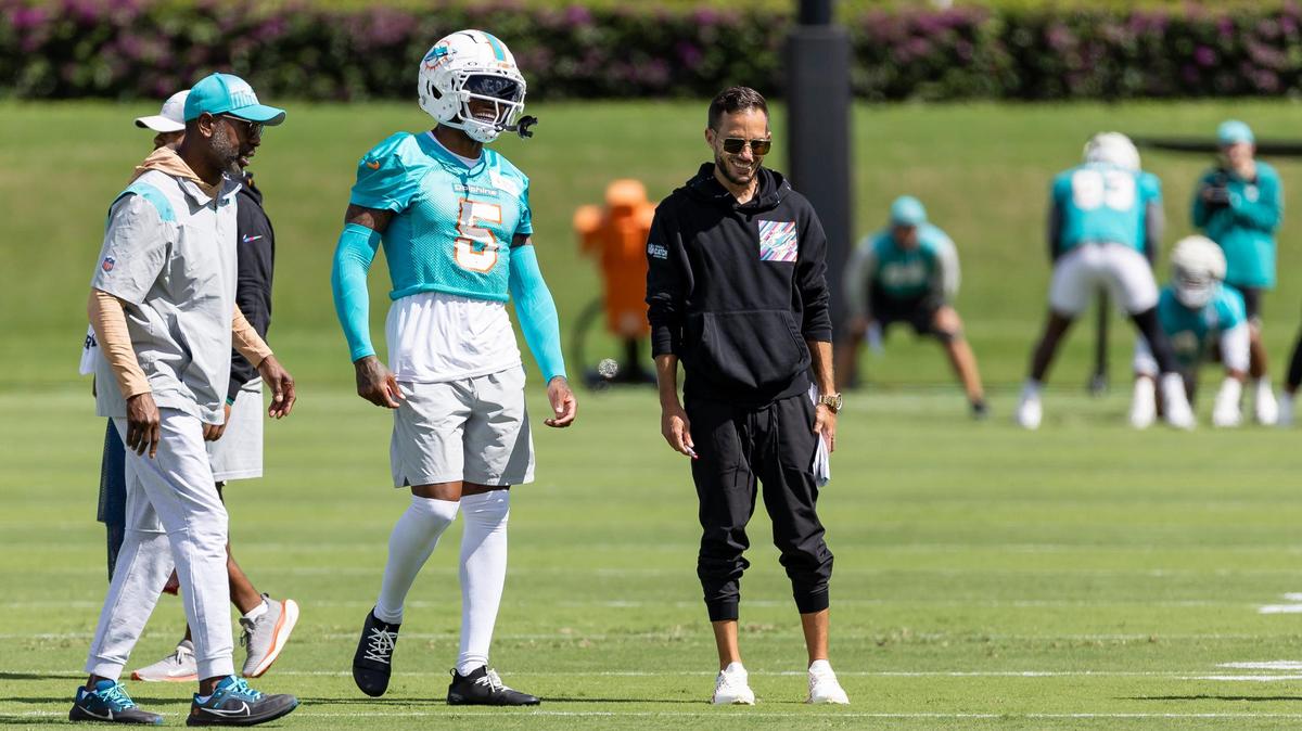 Miami Dolphins cornerback Jalen Ramsey (5) talks with head coach Mike McDaniel during team practice at the Baptist Health Training Complex on Wednesday, Oct. 18, 2023 in Miami Gardens, Fla.