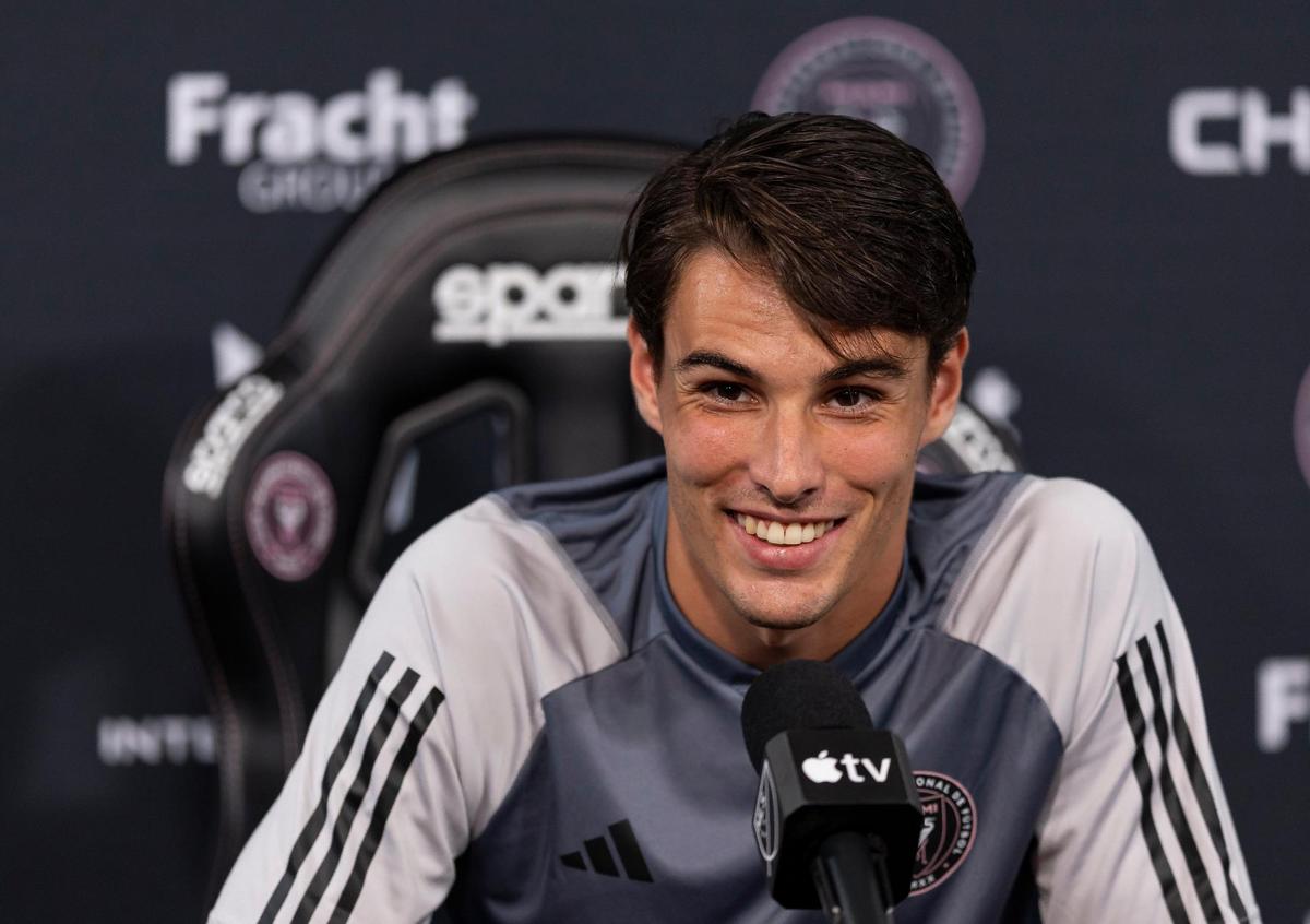 Inter Miami midfielder Federico Redondo (55) speaks during a press conference at Chase Stadium on Tuesday, March 5, 2024, in Fort Lauderdale, Fla. Redondo, 21, signed with Inter Miami through the 2027 season, with an option for 2028.