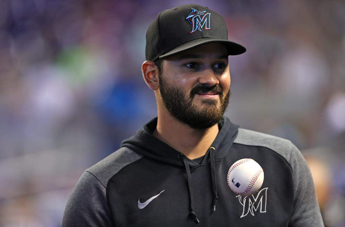 Miami Marlins pitcher Pablo Lopez (49) looks on during the eighth inning of their baseball game against the Cincinnati Reds at loanDepot park on Sunday, August 29, 2021 in Miami, Florida.