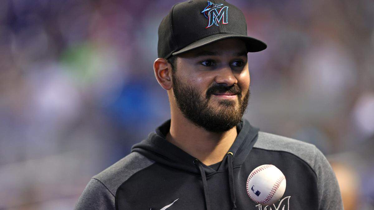 Miami Marlins pitcher Pablo Lopez (49) looks on during the eighth inning of their baseball game against the Cincinnati Reds at loanDepot park on Sunday, August 29, 2021 in Miami, Florida.