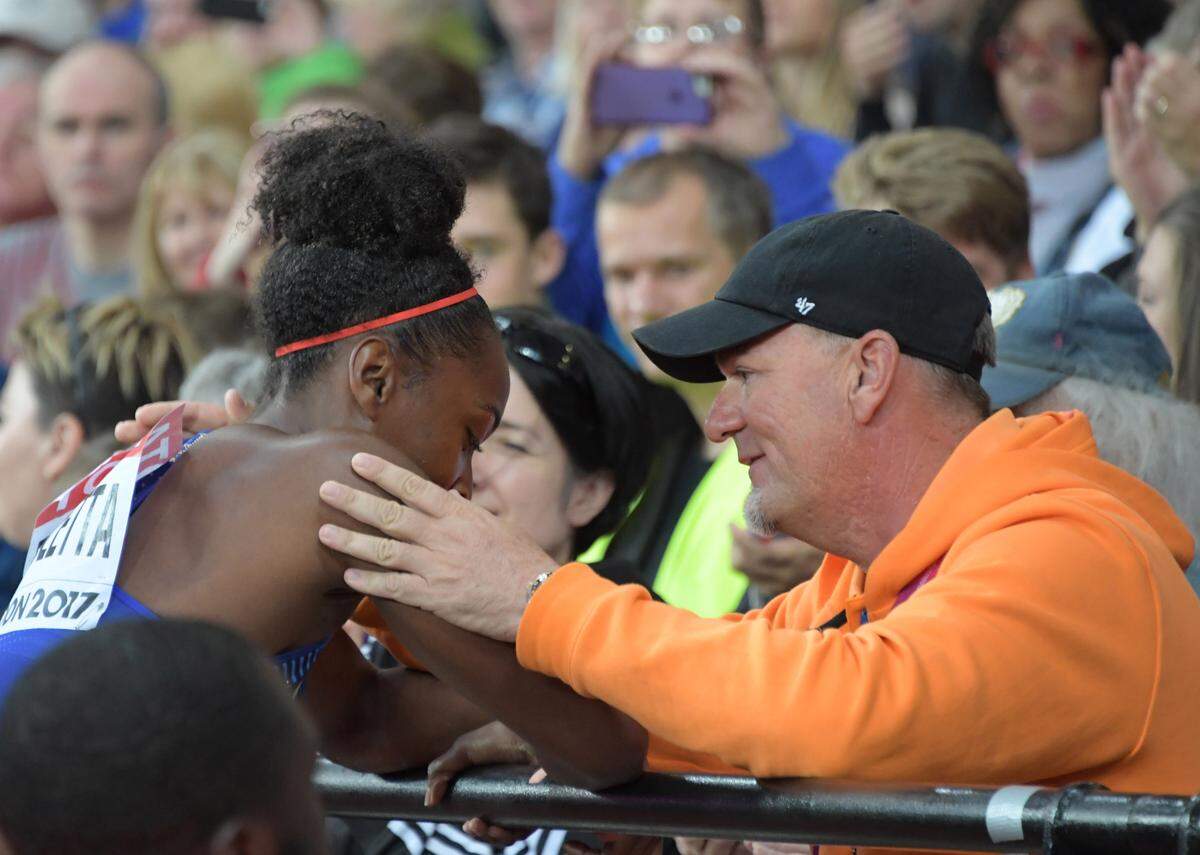 Aug 11, 2017; London, United Kingdom; Tianna Bartoletta (USA), left, embraces coach Rana Reider after placing third in the women’s long jump at 22-10 1/2 (6.97m) during the IAAF World Championships in Athletics at London Stadium at Queen Elizabeth Park. Mandatory Credit: Kirby Lee-USA TODAY Sports