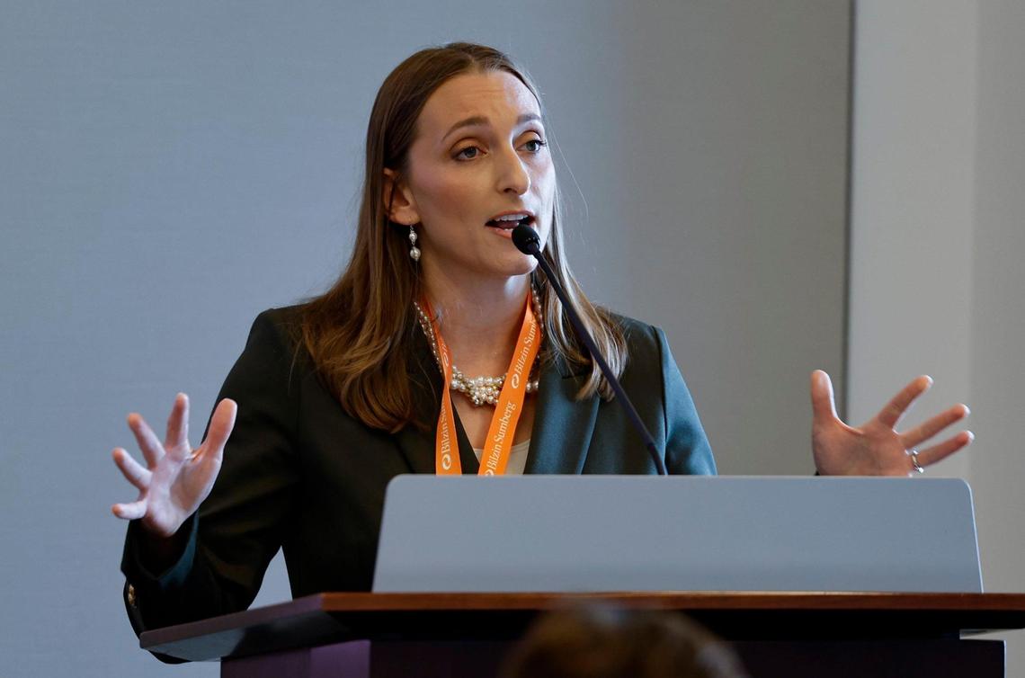 Rebecca Fishman Lipsey, CEO of The Miami Foundation speaks during the Miami Leadership Local conference at Bilzen Sumberg in Miami on Friday, October 27, 2023.
