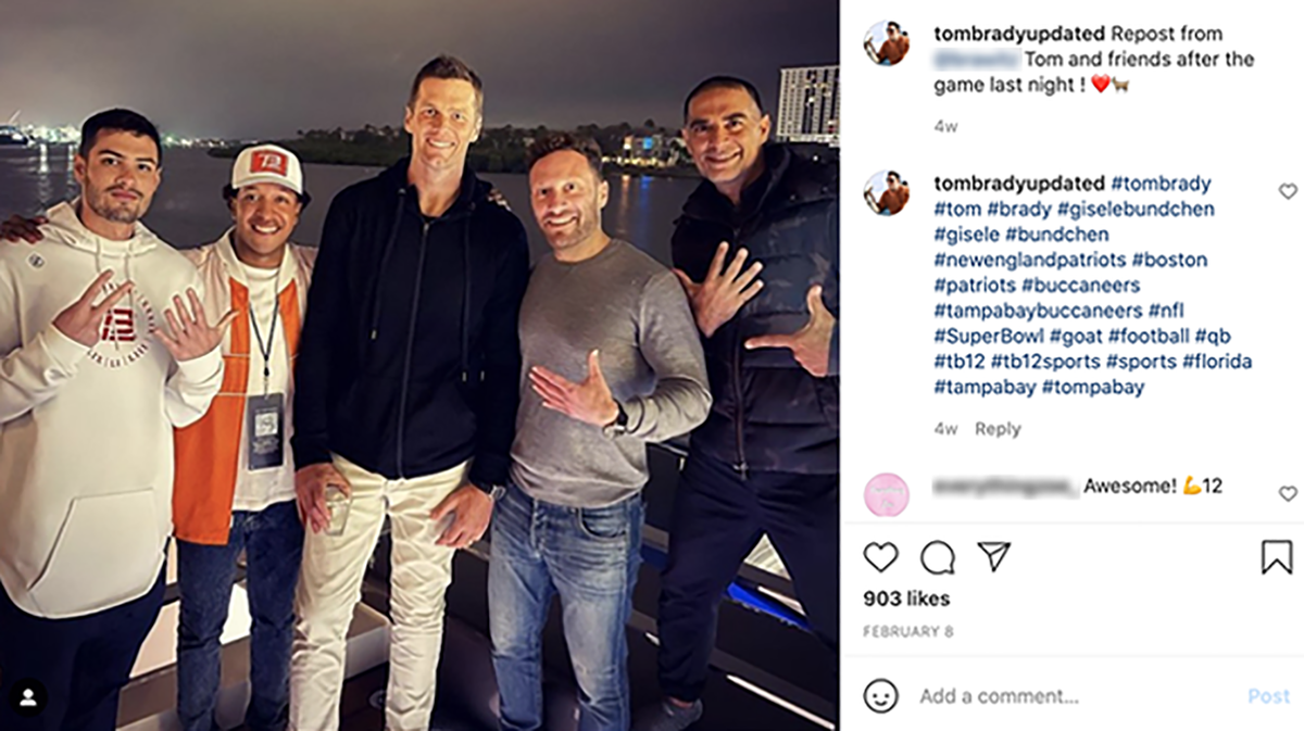 Tampa Bay Buccaneers quarterback Tom Brady and some of his associates on Jeffrey Soffer’s Madsummer superyacht after the Super Bowl on Feb. 7.