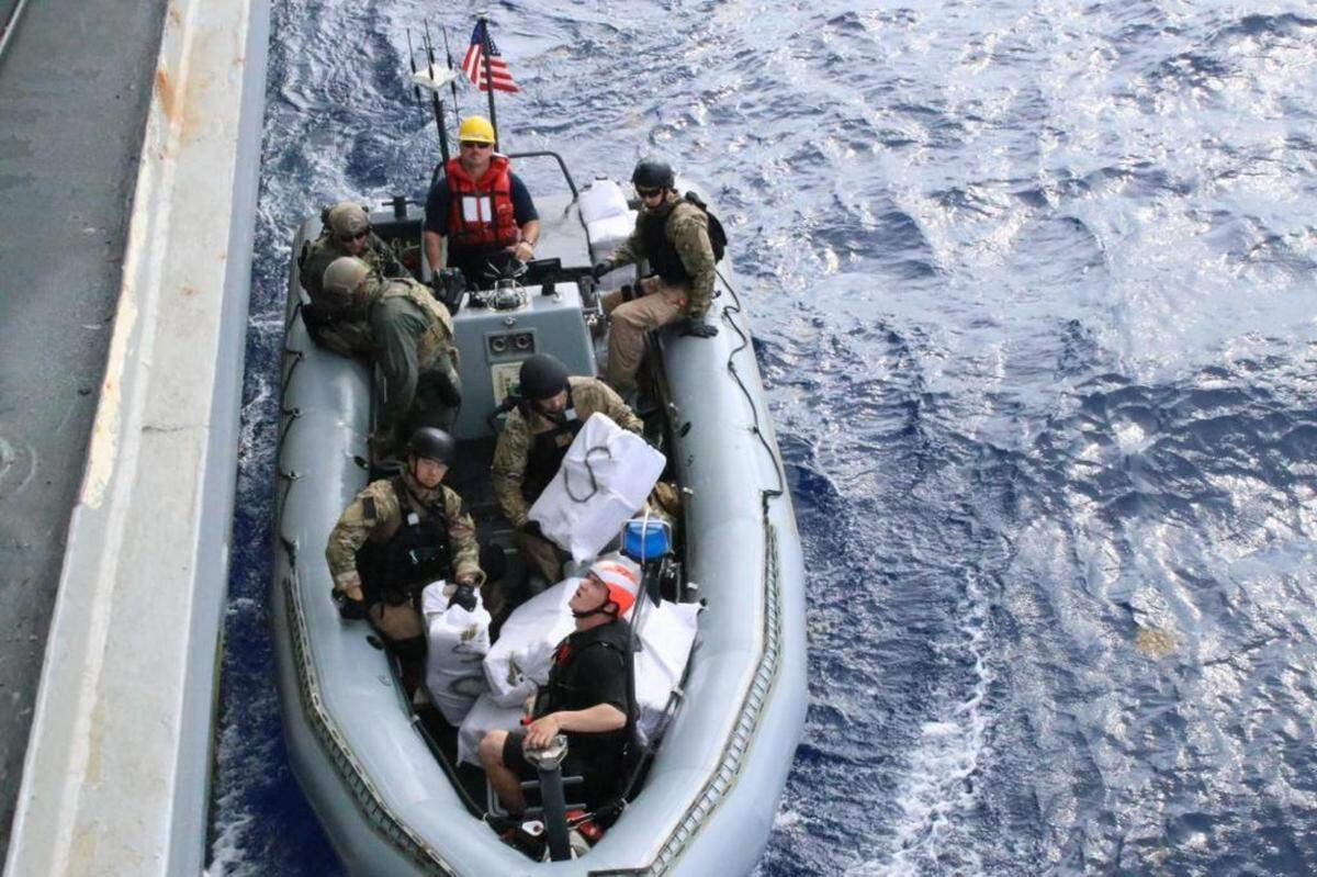 The Arleigh Burke-class guided missile destroyer USS Lassen (DDG 82) with embarked U.S. Coast Guard Law Enforcement Detachment teams conducts enhanced counter narcotics operations, May 2, 2020. The Lassen and the embarked teams recovered a total of 65 packages of marijuana, totaling more than 3,500 pounds. Lassen is deployed to the U.S. Southern Command area of responsibility to support Joint Interagency Task Force South’s mission, which includes counter illicit drug trafficking in the Caribbean and Eastern Pacific.