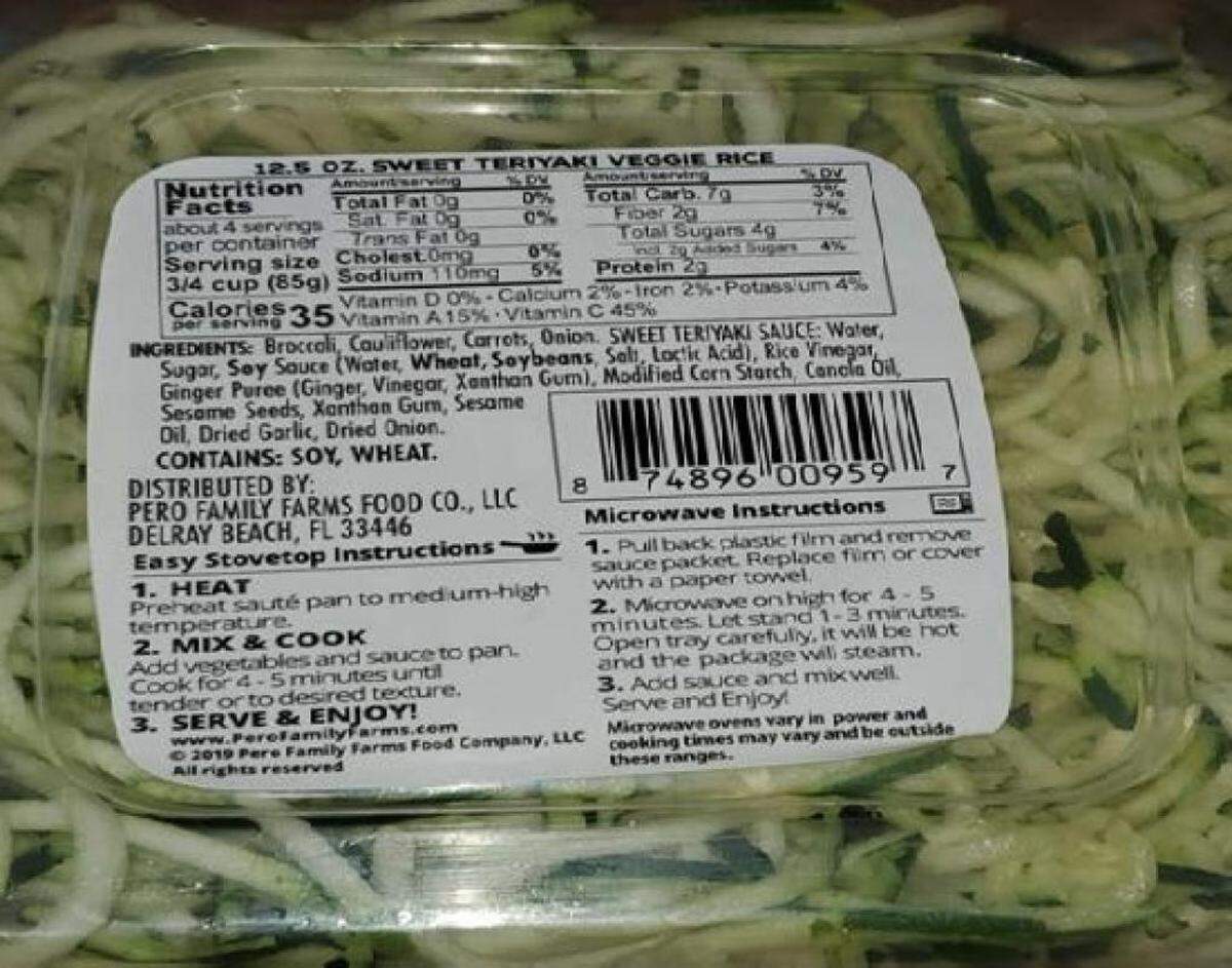 The label of Pero Family Farms’ Zucchini Spiral Pesto. Note the allergens beneath the ingredients don’t list egg or milk.