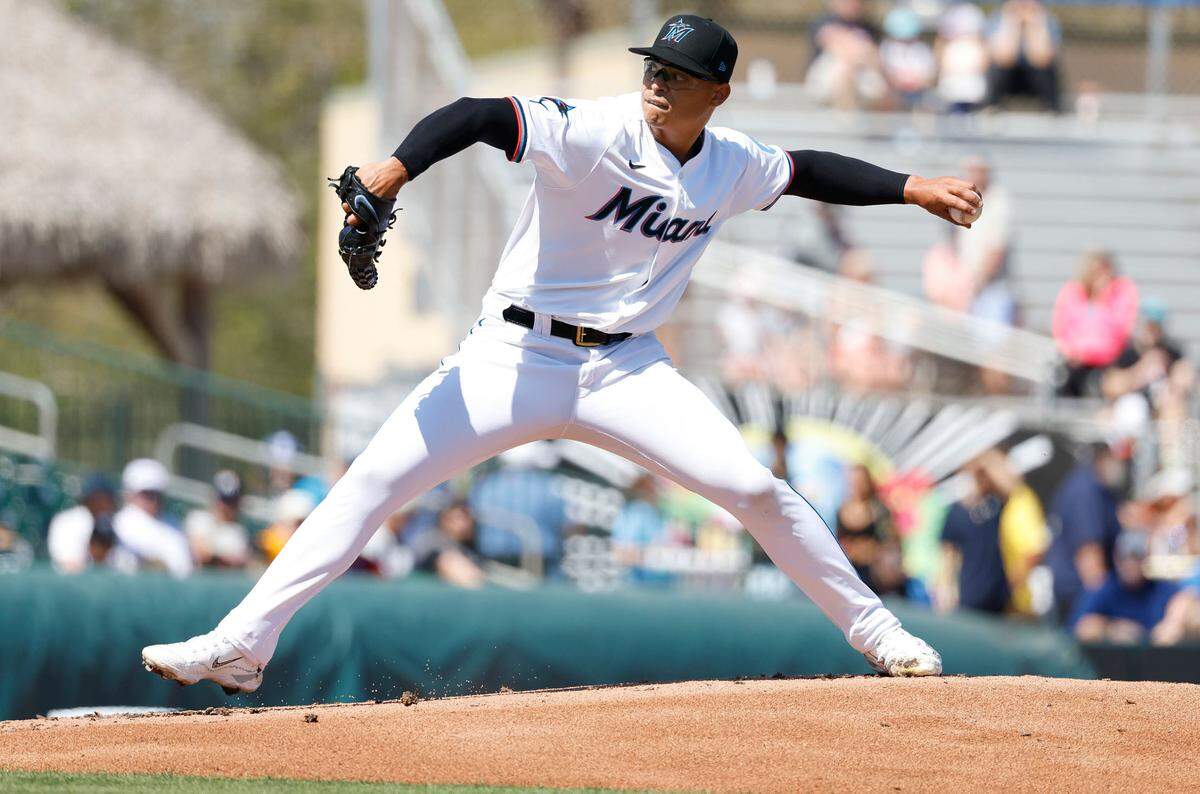 Feb 25, 2024; Jupiter, Florida, USA; Miami Marlins starting pitcher Jesus Luzzardo throws in the first inning against the Washington Nationals at Roger Dean Chevrolet Stadium.