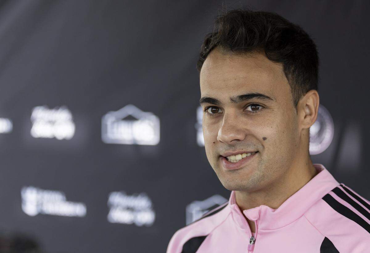 Inter Miami defender Sergio Reguilón (3) talks with the press before participating in a team practice at the Florida Blue Training Center on Saturday, Jan. 17, 2026, in Fort Lauderdale, Fla.