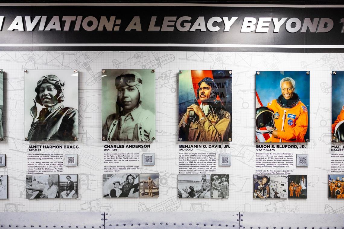 An exhibit of famous Black pioneer aviators inside Florida Memorial University’s new aviation museum at FMU’s William Lehman Aviation Center on Thursday, October 24, 2024, in Miami Gardens, Fla.