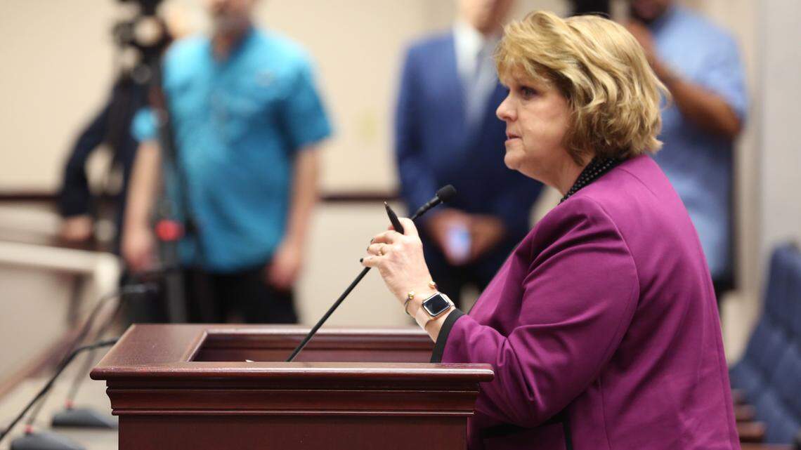 Melinda Miguel, Florida’s chief inspector general, talks about Tiffany Carr, former chief executive officer of the Florida Coalition Against Domestic Violence, who is accused of misusing millions in taxpayer dollars, during a meeting of the Florida House’s Public Integrity and Ethics Committee on Thursday, March, 12, 2020, in Tallahassee.