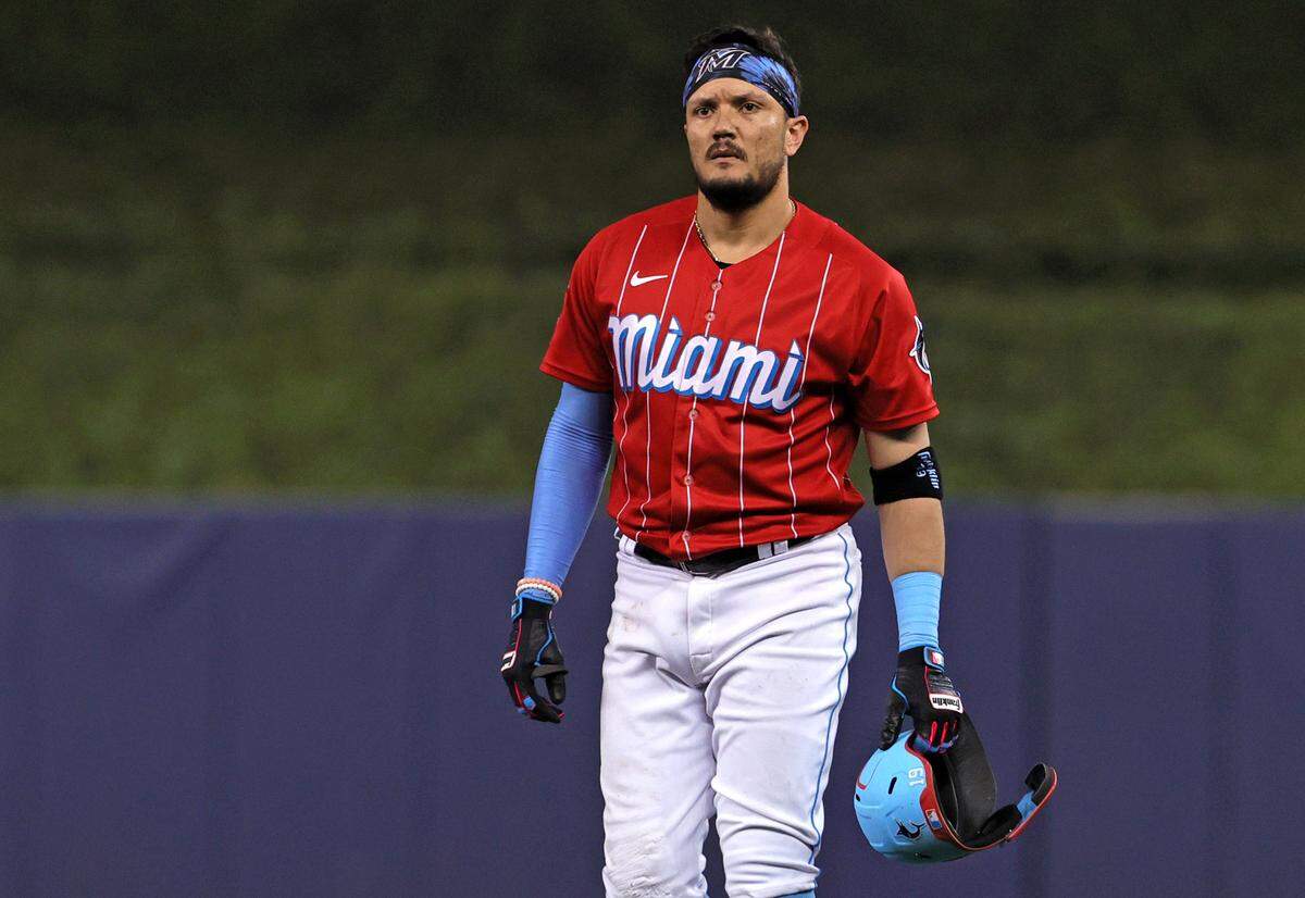 Miami Marlins shortstop Miguel Rojas (19) reacts after grounding out during the seventh inning of their baseball game against the Philadelphia Phillies at loanDepot park on Sunday, September 5, 2021 in Miami, Florida.