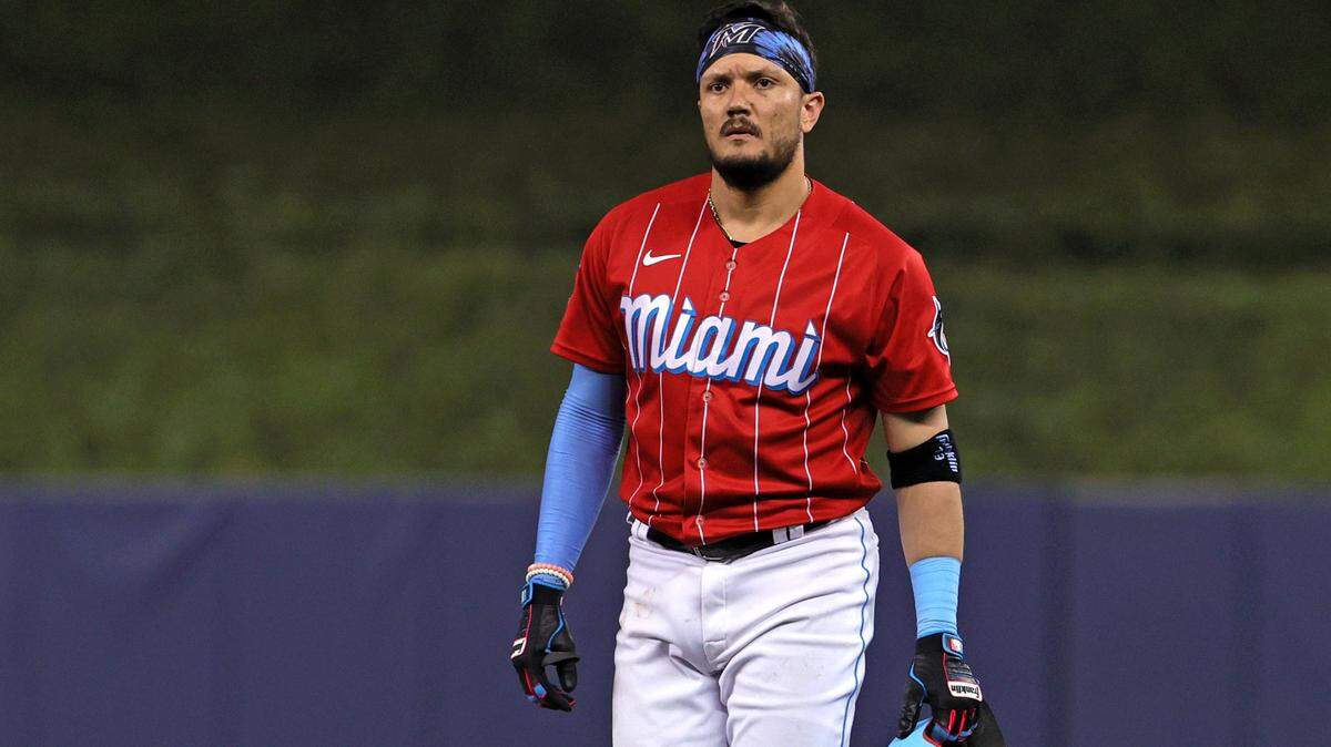 Miami Marlins shortstop Miguel Rojas (19) reacts after grounding out during the seventh inning of their baseball game against the Philadelphia Phillies at loanDepot park on Sunday, September 5, 2021 in Miami, Florida.