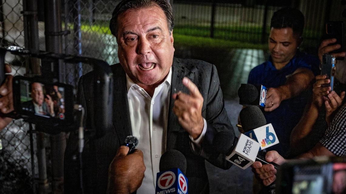 A defiant Miami City Commissioner, Alex Diaz De La Portilla speaks to reporters after bonding out of TGK detention center following his arrest.