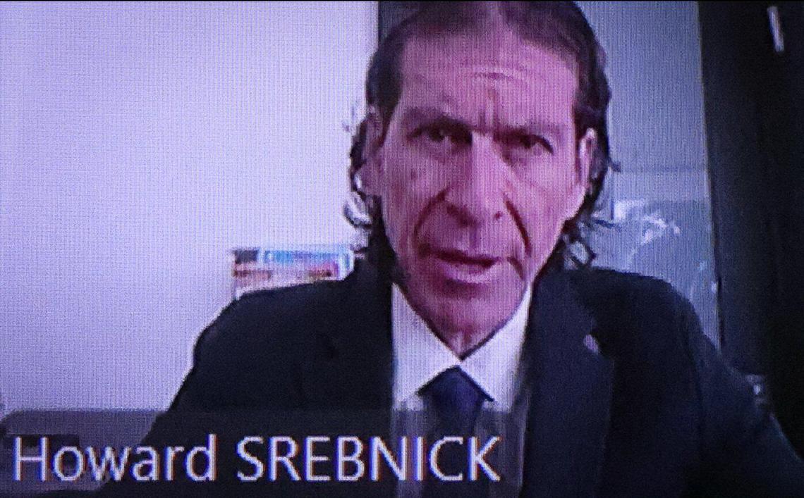 Miami attorney Howard Srebnick, who is representing George Pino, appears over Zoom in a hearing before Miami-Dade Circuit Court Judge Lizzet Martinez, Thursday, Oct. 31, 2024. Laura Adams, a prosecutor with the Miami-Dade State Attorney’s Office, announced the new vessel homicide felony charge against Pino at the hearing.