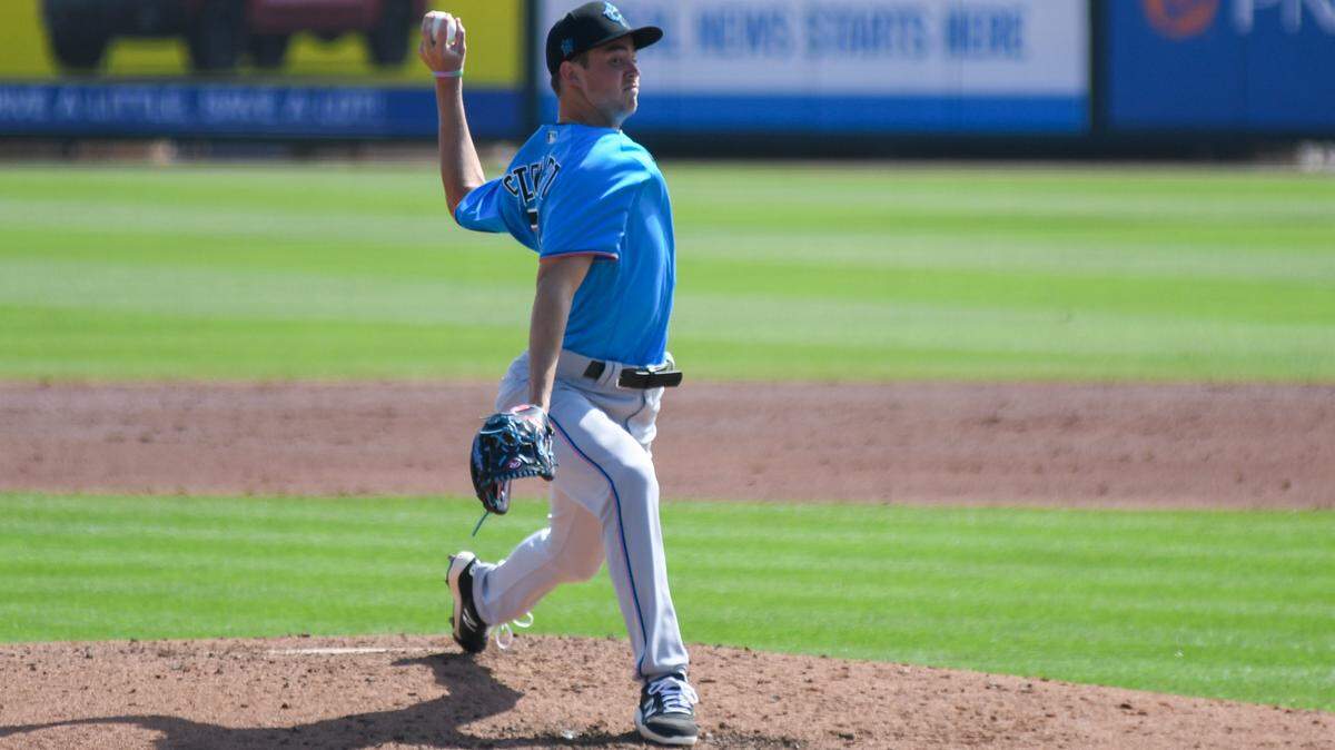 Miami Marlins pitcher Will Stewart throws during a spring training intrasquad scrimmage on Friday, March 19, 2021, at Roger Dean Chevrolet Stadium in Jupiter, Florida.