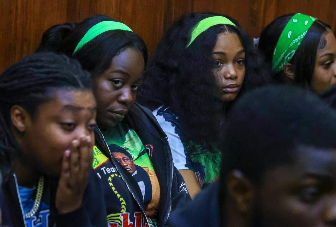 Friends of Northwestern student-athlete Yahkeim Lollar, who was stabbed to death in December 2024, speaks to reporters after the teen's loved ones decided they want to exercise their rights to a speedy trial on Thursday, Jan. 22, 2026, in Courtroom 2-8 inside Richard E. Gerstein Justice Building in Miami, Florida. Yahkeim's on-again, off-again girlfriend Jahara Malik is charged with manslaughter.