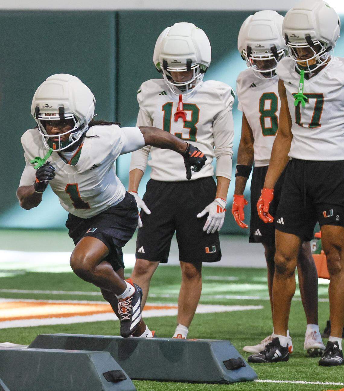 Miami Hurricanes wide receiver Malachi Toney (1) runs through drills at the Carol Soffer Indoor Practice Facility on the Uinversity of Miami campus in Coral Gables, Florida, on Tuesday morning, March 24, 2026.