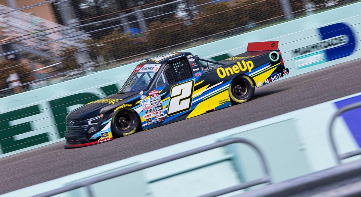 Nick Sanchez #2 drives in the Baptist Health Cancer Care 200 NASCAR Craftsman Truck Series playoff race at the Homestead-Miami Speedway on Saturday, Oct. 21, 2023, in Homestead, Fla.