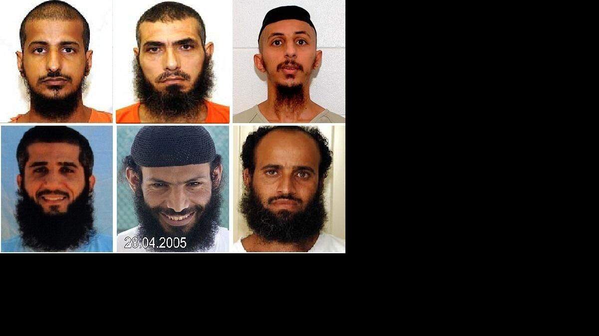 These men are among those being force-fed at Guantanamo, according to their lawyers who say they got notice from the Justice Department. Top row from left: Yemeni Tariq Ba Awdah, 34, Syrian Jihad Diyab, 41, Yemeni Mohammed Al-Hamiri, in his 30s. Bottom row rom left: Kuwaiti Fayez Kandari, 35, Yemenis Yasin Ismael and Samir Muqbil, both in their 30s. Five of the photos come from the captives' military intelligence risk assessments obtained by McClatchy from Wikileaks. Kandari's photo was taken by the International Red Cross and released by his family.