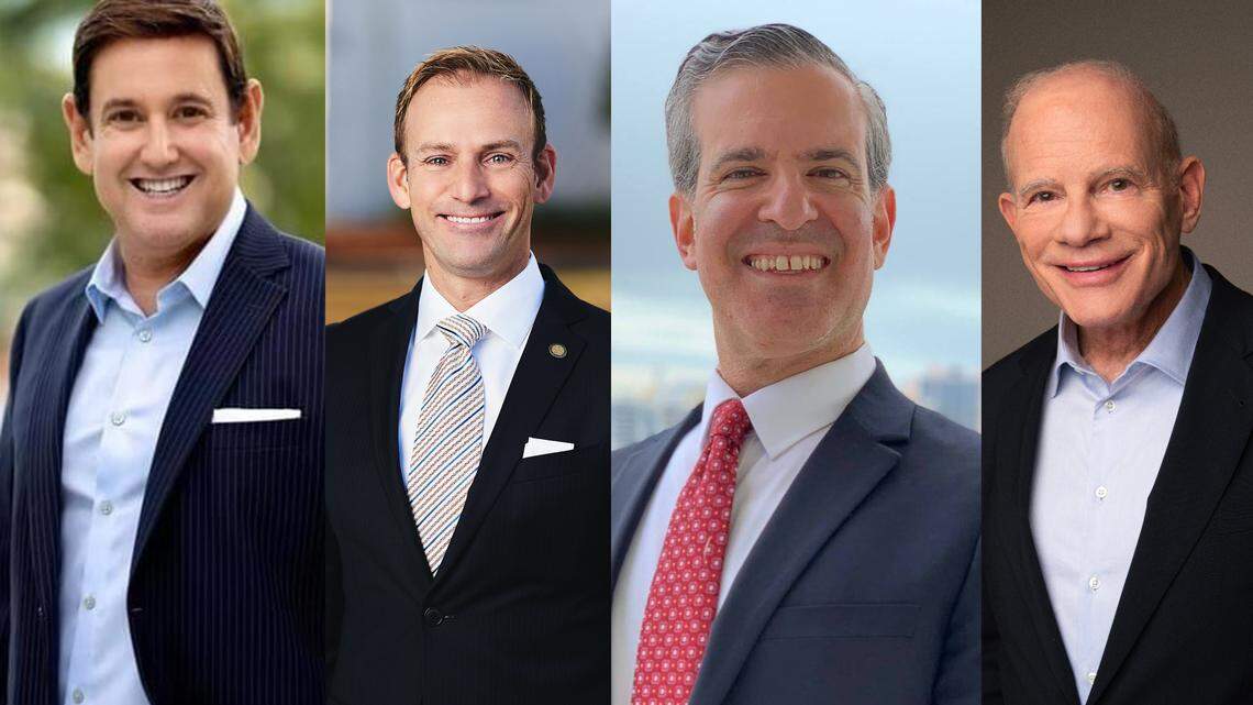 From left: Michael Gongora, Mike Grieco, Steven Meiner and Bill Roedy are vying to become the next mayor of Miami Beach.