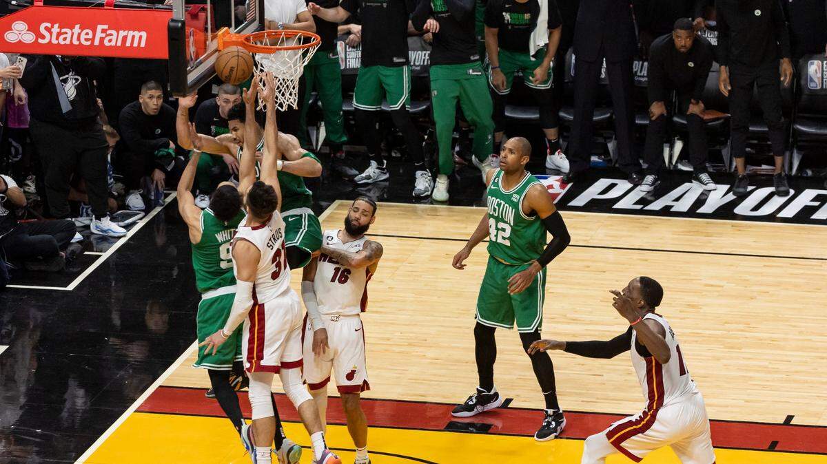 Boston Celtics guard Derrick White (9) scores the game-winning basket against the Miami Heat during the fourth quarter in Game 6 of the NBA Eastern Conference Finals at the Kaseya Center on Saturday, May 27, 2023, in downtown Miami, Fla.