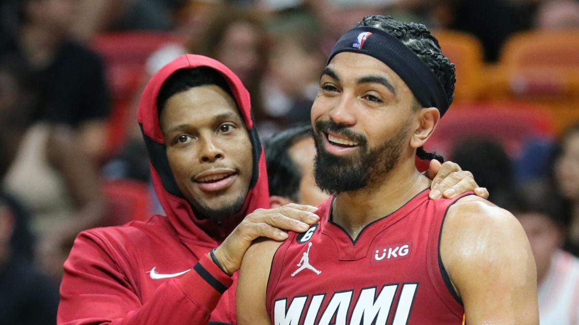 Miami Heat guard Kyle Lowry (7) and Miami Heat guard Gabe Vincent (2) interact during the game against the New Orleans Pelicans at Miami-Dade Arena in Miami, FL on Sunday, January 22, 2023.