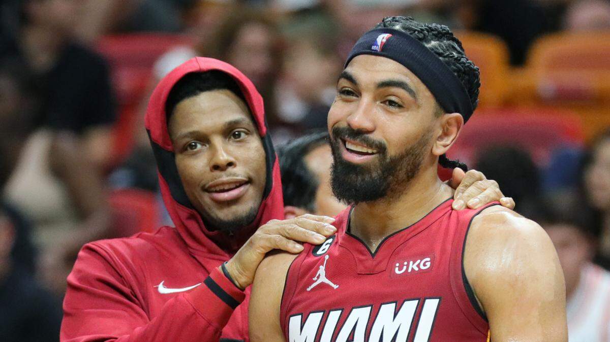 Miami Heat guard Kyle Lowry (7) and Miami Heat guard Gabe Vincent (2) interact during the game against the New Orleans Pelicans at Miami-Dade Arena in Miami, FL on Sunday, January 22, 2023.