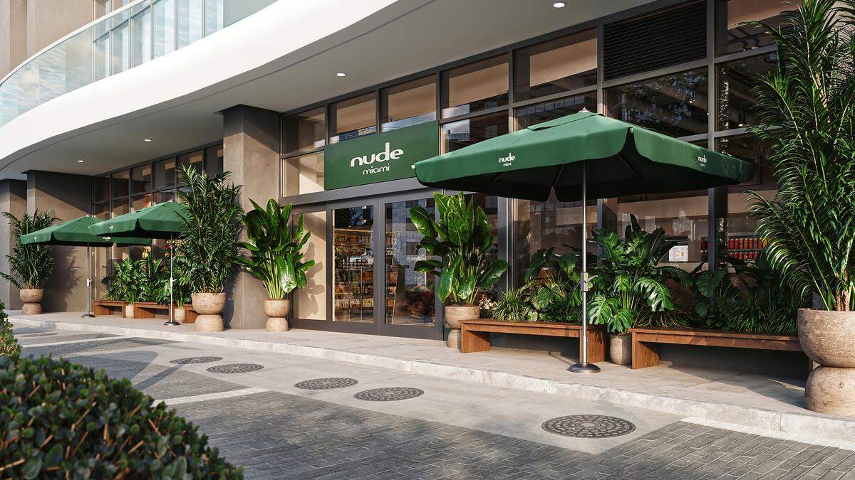 Rendering of Nude Miami, a health-conscious grocery store opening in early 2026 at 1100 Brickell Bay Dr.