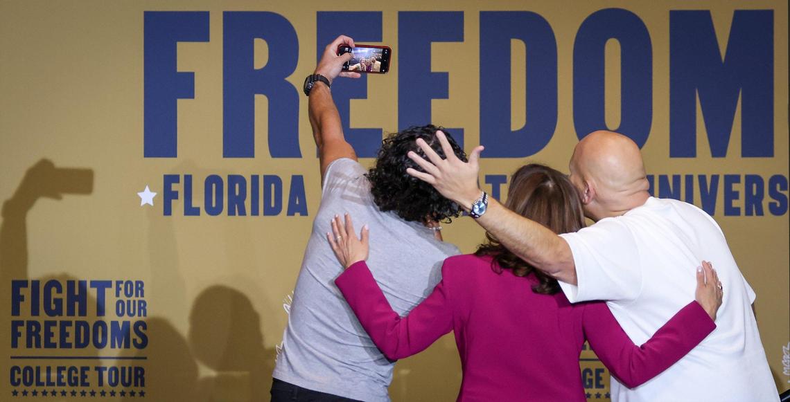 Actor Anthony Ramos, left, Vice President Kamala Harris, and Rapper “Fat Joe” take a moment for a quick selfie as she visited FIU as part of her “Fight for Our Freedoms” College Tour on Thursday, September 28, 2023 at Florida International University’s main campus.