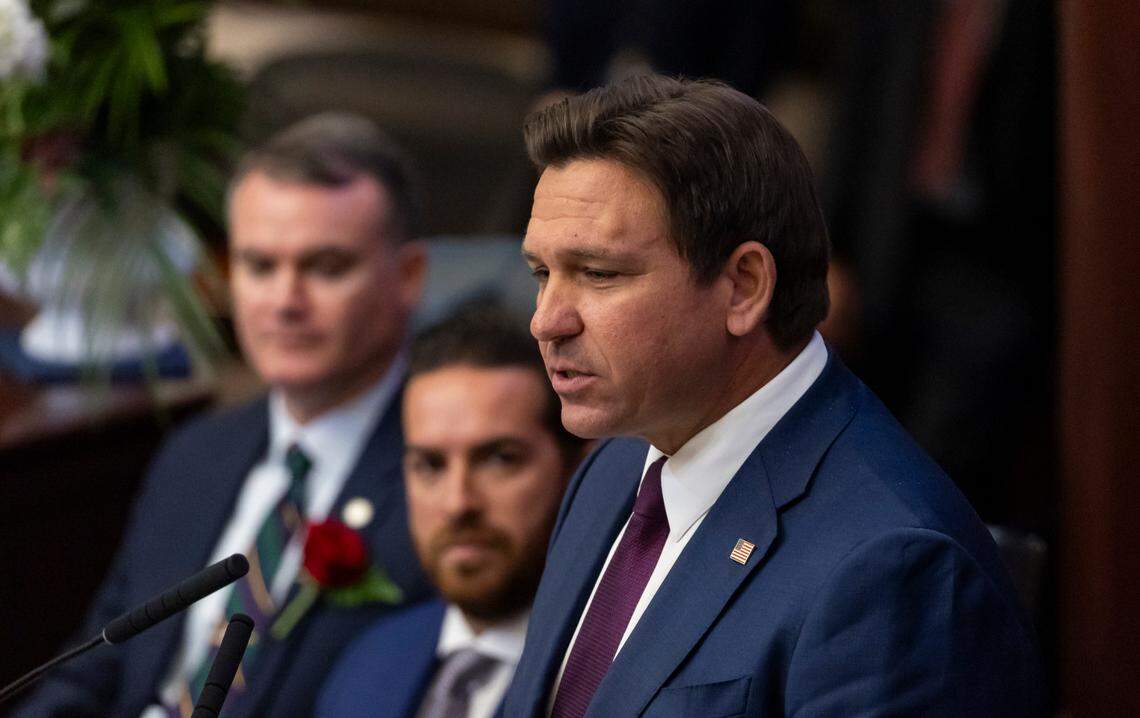 Florida Governor Ron DeSantis delivers his State of the State address during the first day of the legislative session at the Florida State Capitol on Tuesday, March 4, 2025, in Tallahassee, Fla.